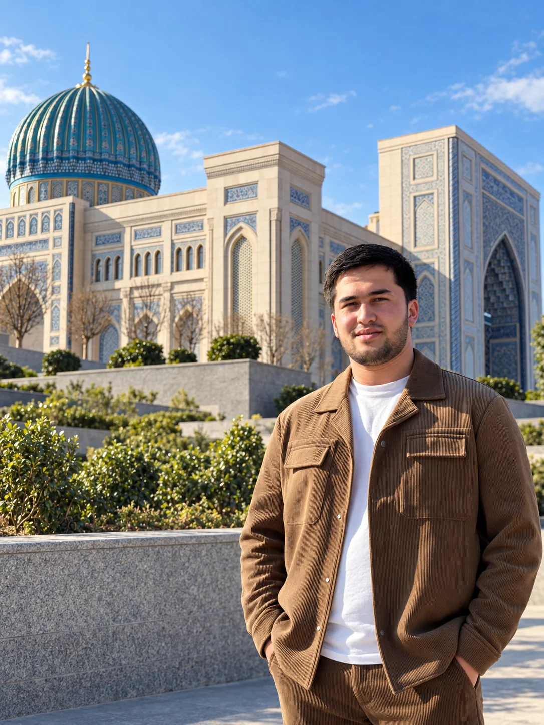 Silkbound founder in front of Uzbek architecture